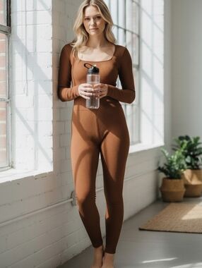 Free People Movement Good Karma Onesie Brown Medium Open Back Yoga Jumpsuit